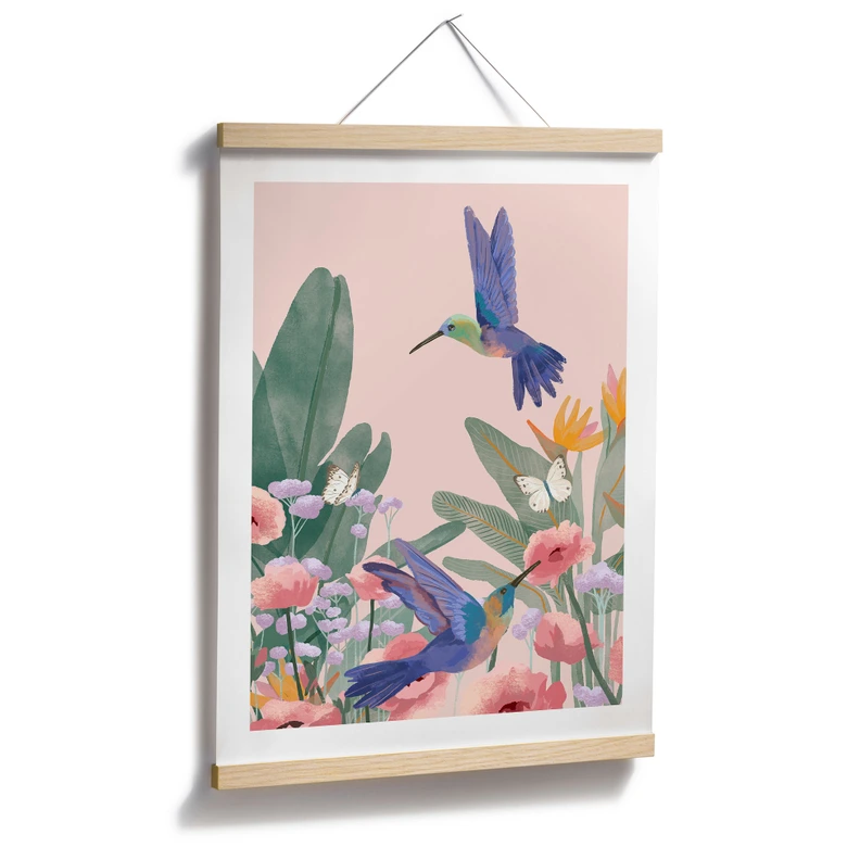 Poster Zwei Kolibris auf der bunten Blumenwiese - Goed Blauw 