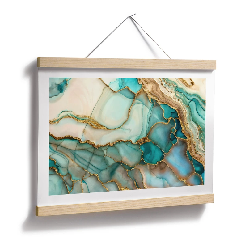 Poster Marmorierte Wellen in Türkis und Gold | Wandkunst für Wohnzimmer - Haase 
