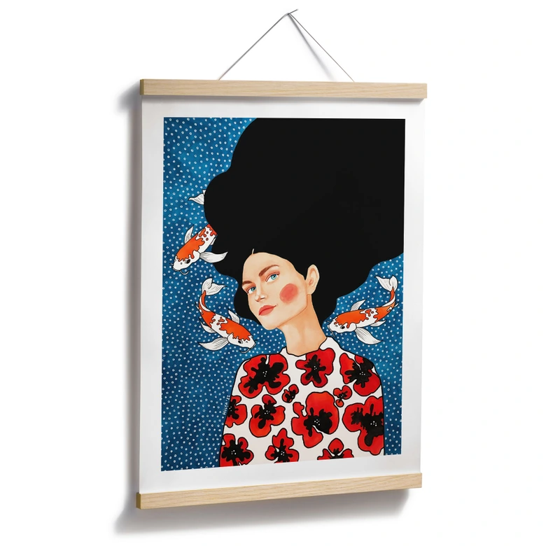 Poster Frau im Blütenkleid mit Kois - Hülya 