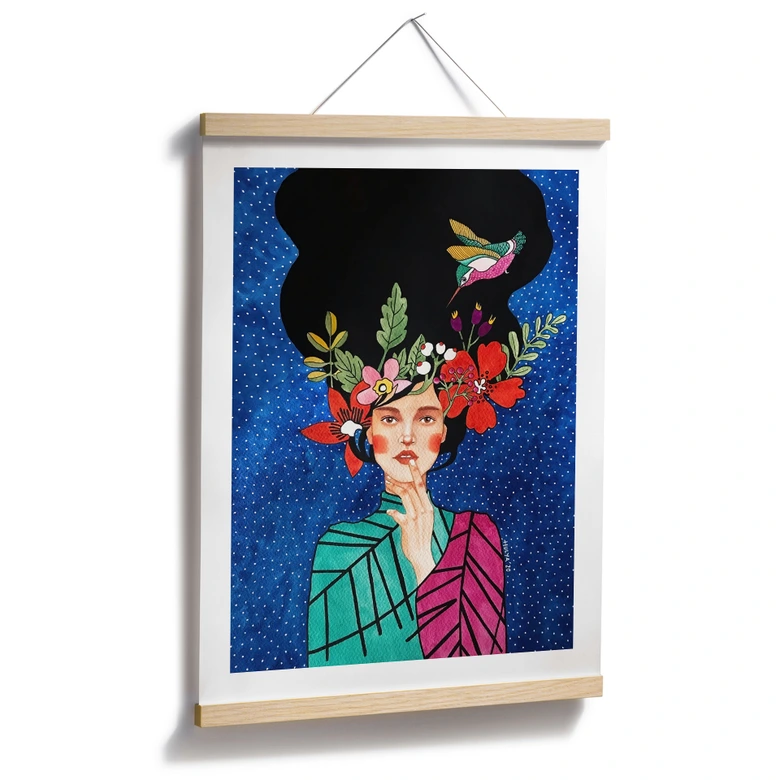 Poster Frau mit Kolibri in der Sternennacht - Hülya 
