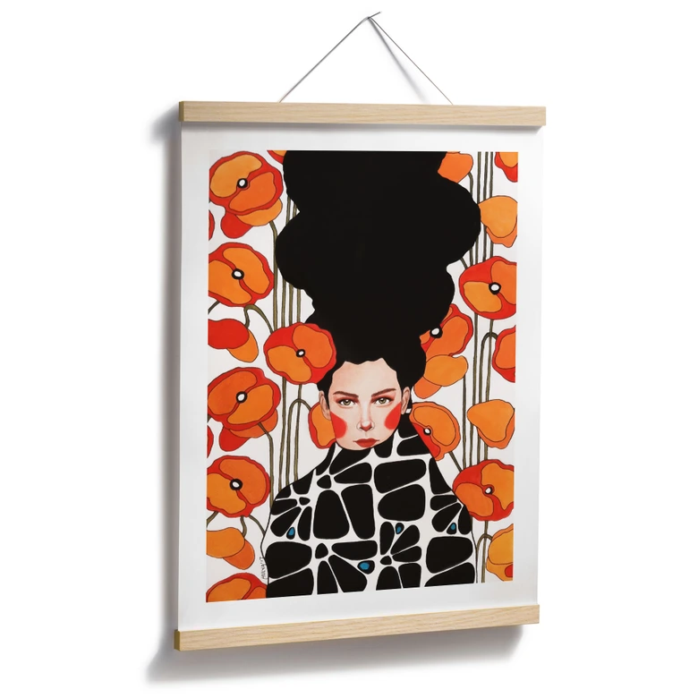 Poster Frau mit Retro-Mohnblumen | Porträtkunst für das Wohnzimmer - Hülya 