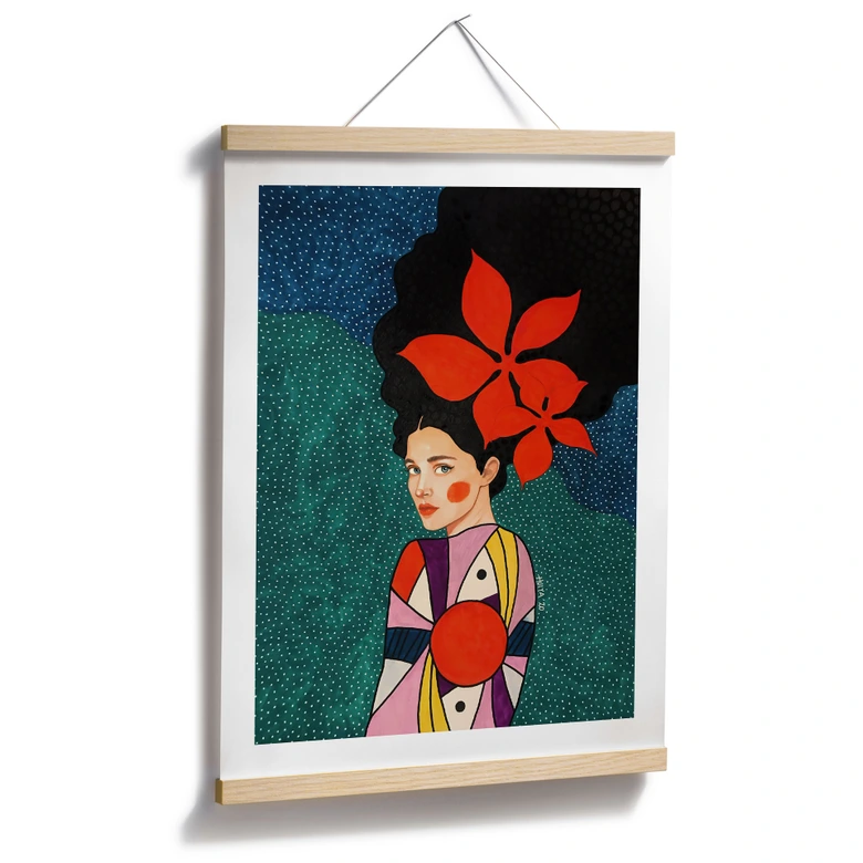 Poster Frau mit roten Blüten und Musterkleid - Hülya 