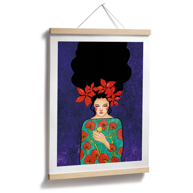 Poster Porträt - Frau mit roter Blütenkrone und Vogel - Hülya 