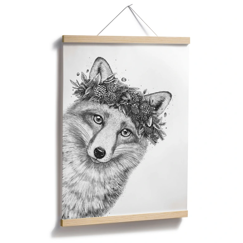 Póster Zorro blanco y negro con corona de flores - Korenkova 