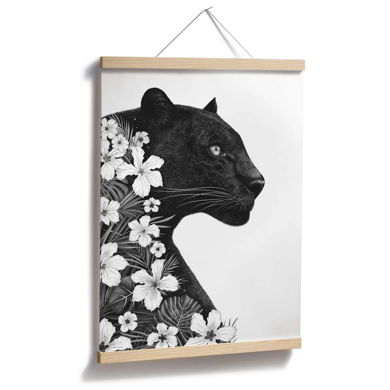 Póster Pantera negra con flores blancas - Korenkova 