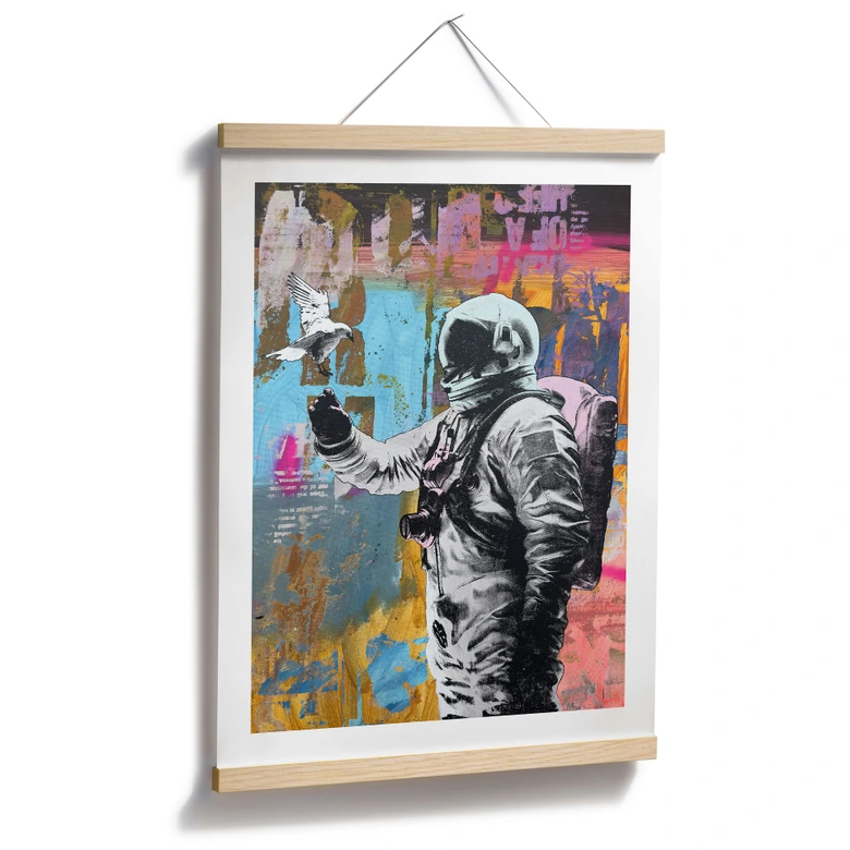 Plakat astronaut med due | collagekunst til stuen - Kuryliuk 
