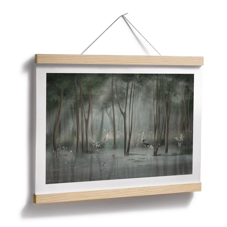 Poster Nebelwald am See mit Reiher in Grün - Ms Tiff 