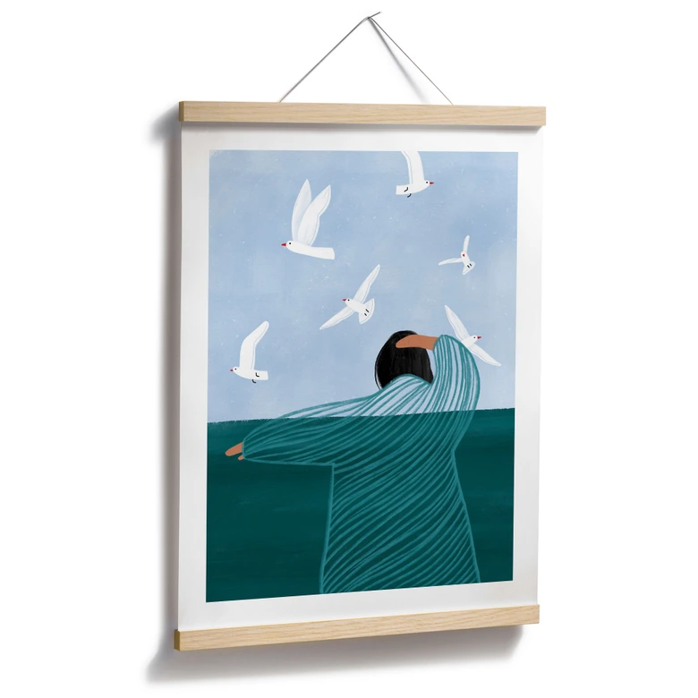 Poster kvinna med fiskmåsar vid havet - Müller 