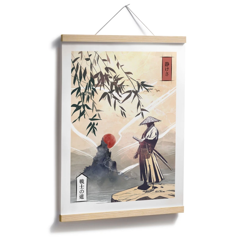 Plakat Samuraja z mieczem przed wschodem słońca - Roze 