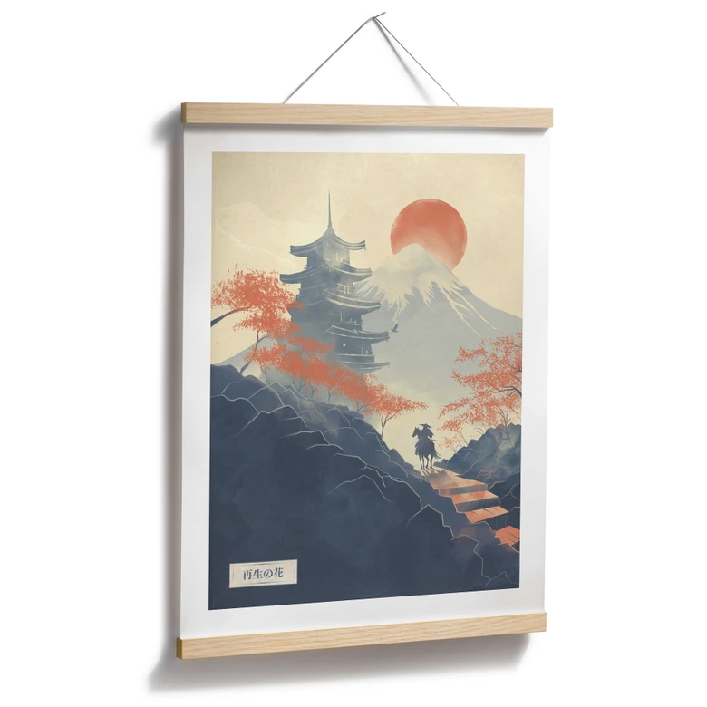 Poster Sonnenaufgang über der Pagode | Vintage Kunst Japan - Roze 