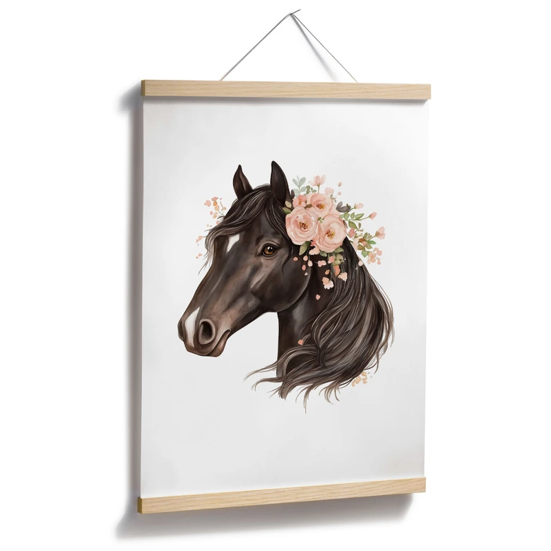Póster boho negro de caballos con rosas | Póster infantil para amantes de los caballos  