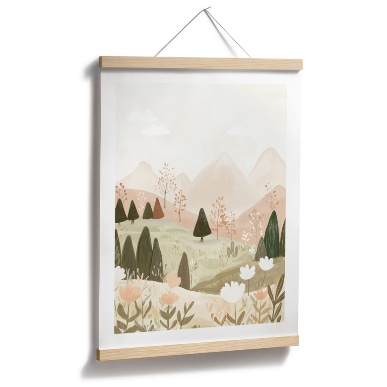 Poster pastellfärgat bergslandskap med blommor - Treechild 