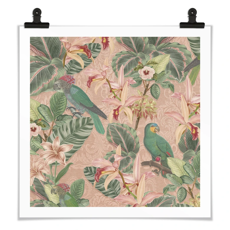 Póster Botánica Jungla con Loros Rosa - Decoración Floral - Cuadrado 
