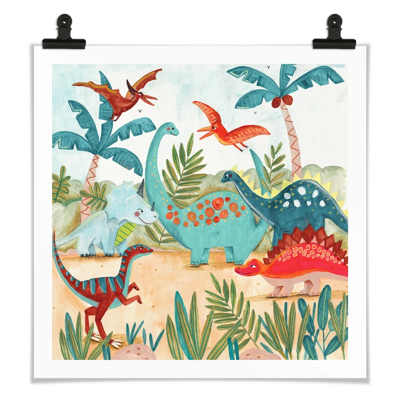 Kinderposter Farbenfrohe Dinosaurier im Urzeitwald - Bonne Müller - Quadratisch 
