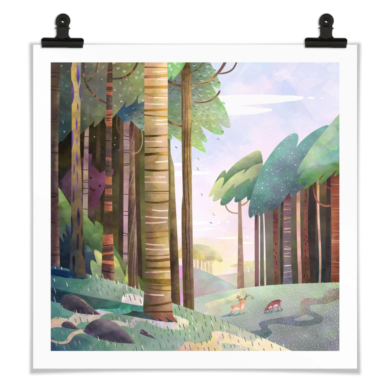 Poster Sonniger Wald mit Hirsch - DigitalArtsi 