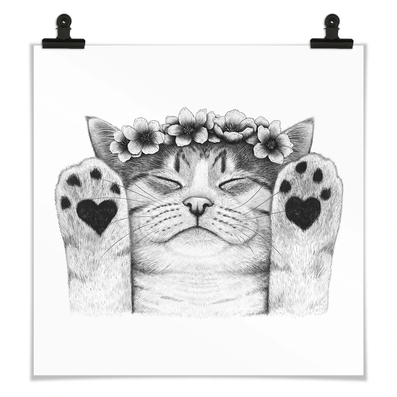 Poster Süße Katze mit Herz-Pfoten - Korenkova - Quadratisch 