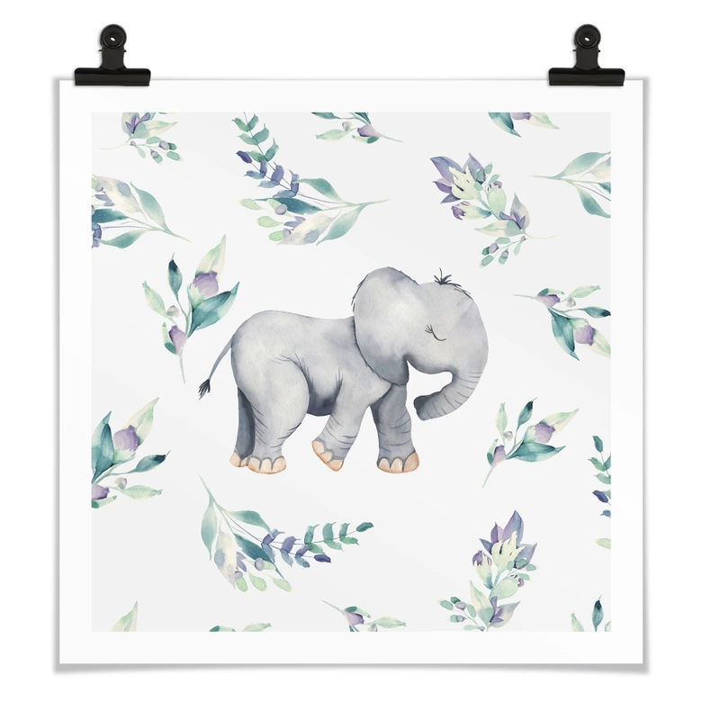 Plakat Sød babyelefant mellem boho-grene - UN Designs 