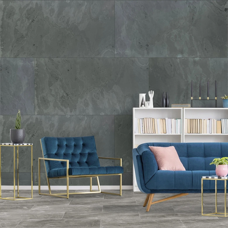 Echtstein - 3D Wandpaneel, Set aus 6 Natursteinplatten als luxuriöse Wandverkleidung - Schiefer Schwarz 