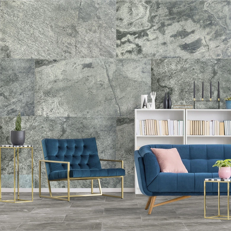 Echtstein - 3D Wandpaneel, Set aus 6 Natursteinplatten als luxuriöse Wandverkleidung - Glimmerschiefer Silber 