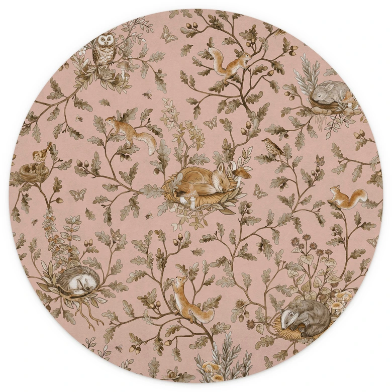 Kinderzimmer Fototapete Schlafende Waldtiere auf Zweigen - Kikki Belle - Rund - Selbstklebend/Vlies 