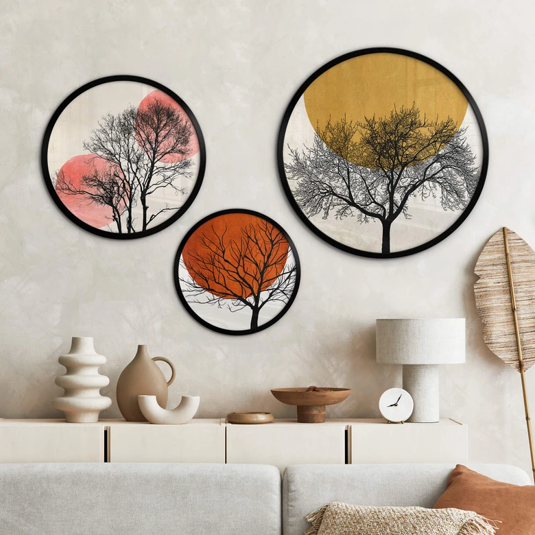 Poster Kubistika - Sonne und Mond hinter dem Baum - Rund 