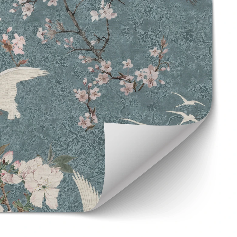 Self-adhesive kitchen splashback Cranes in Cherry Blossom Rush Blue - Bloomery Decor 
