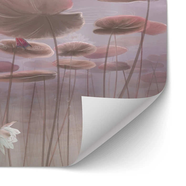 Zelfklevende Keukenachterwand Lotusbloemen met zwaan in water in donkerroze - Ms Tiff 