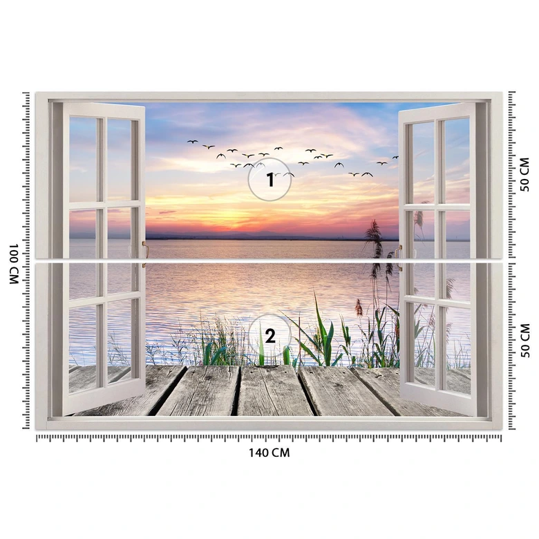 Fototapete Fensterblick Sonnenuntergang Steg Landschaft 