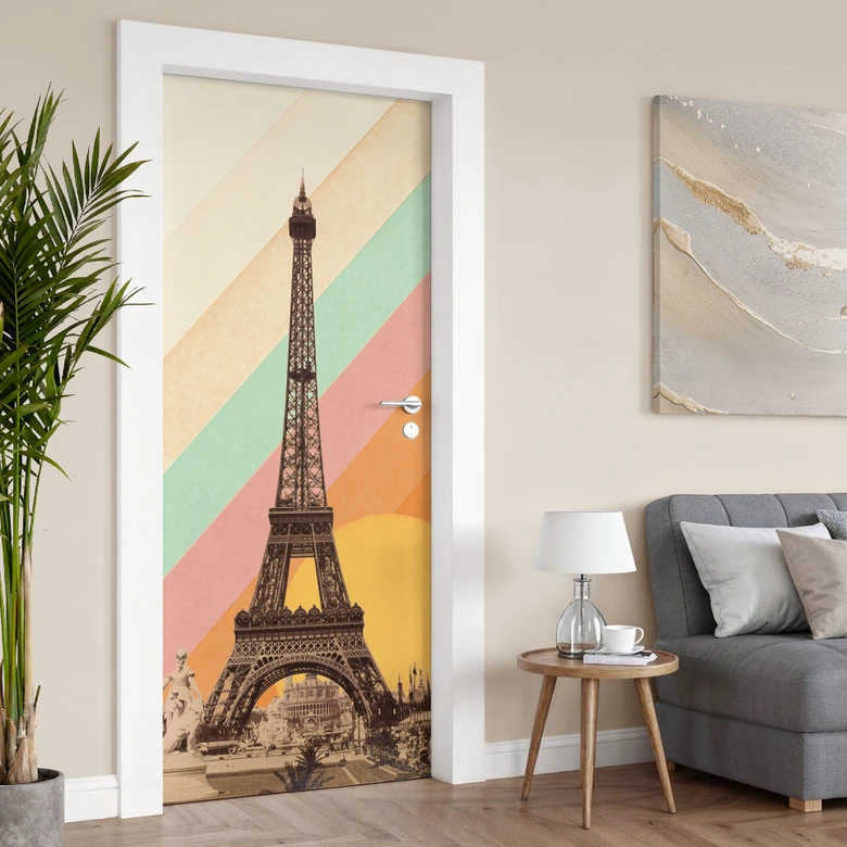 Retro Eiffel Tower door film with rainbow - Bodart - Self-adhesive door decoration 