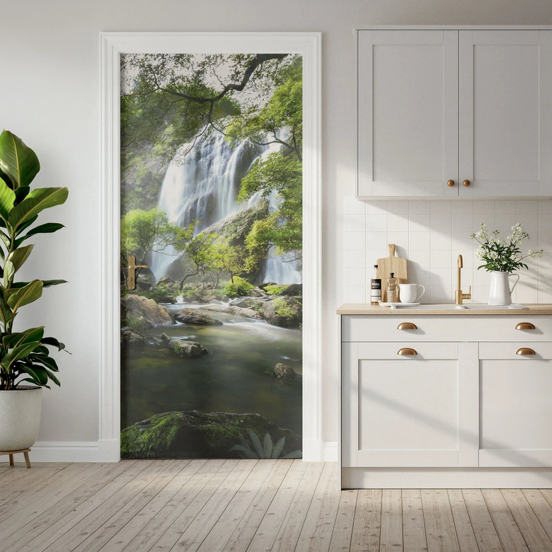 Door film waterfall in the forest - Photo - Self-adhesive door decoration 