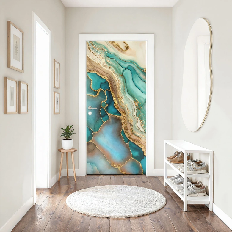 Door foil Marbled waves in turquoise and gold - Haase - Self-adhesive door decoration 