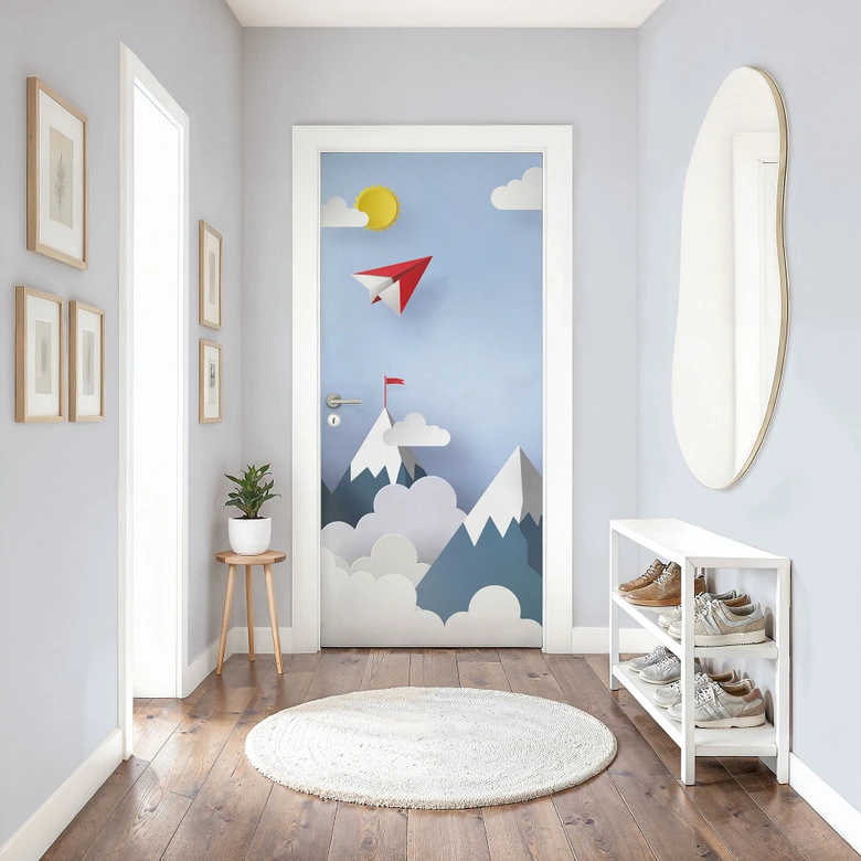 Paper airplane door film in the mountains 
