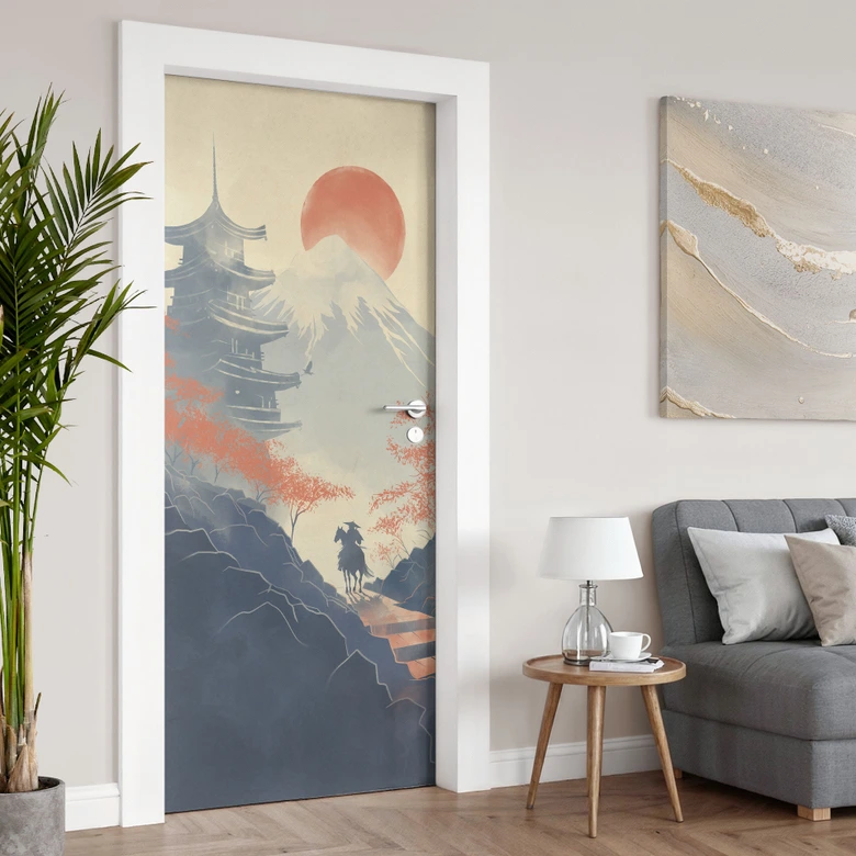 Sunrise over the pagoda door film - Roze - Self-adhesive door decoration 