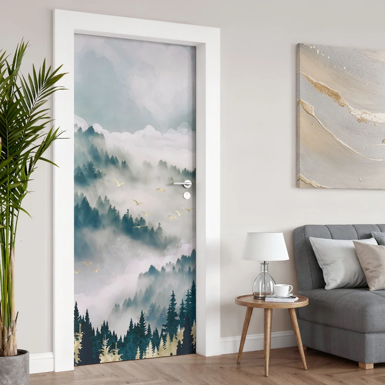 Türfolie Geheimnisvoller Nebel im Wald - SpaceFrog Designs - Selbstklebende Türdeko 