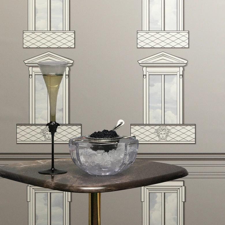 Versace non-woven wallpaper Palazzo No 12 window facade gray blue neo classic 