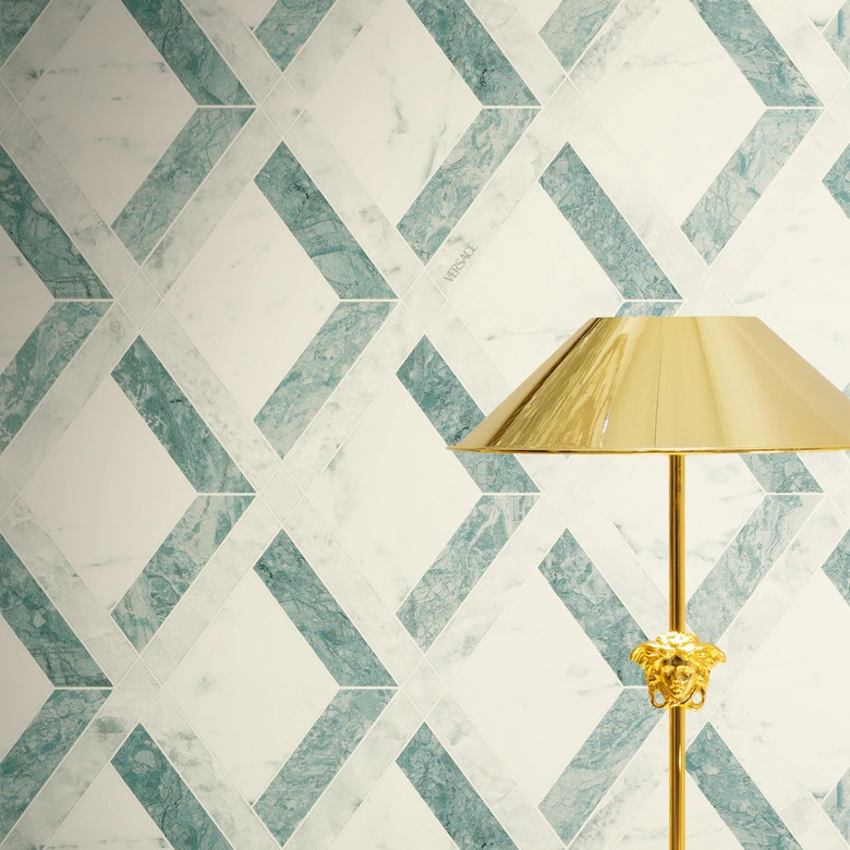 Versace non-woven wallpaper Tarsia diamond pattern marble look green white graphic 