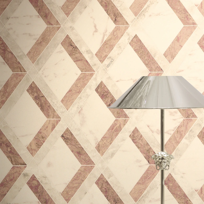 Versace Vliestapete Tarsia Rauten Marmor Optik Creme Rosa Weiß 