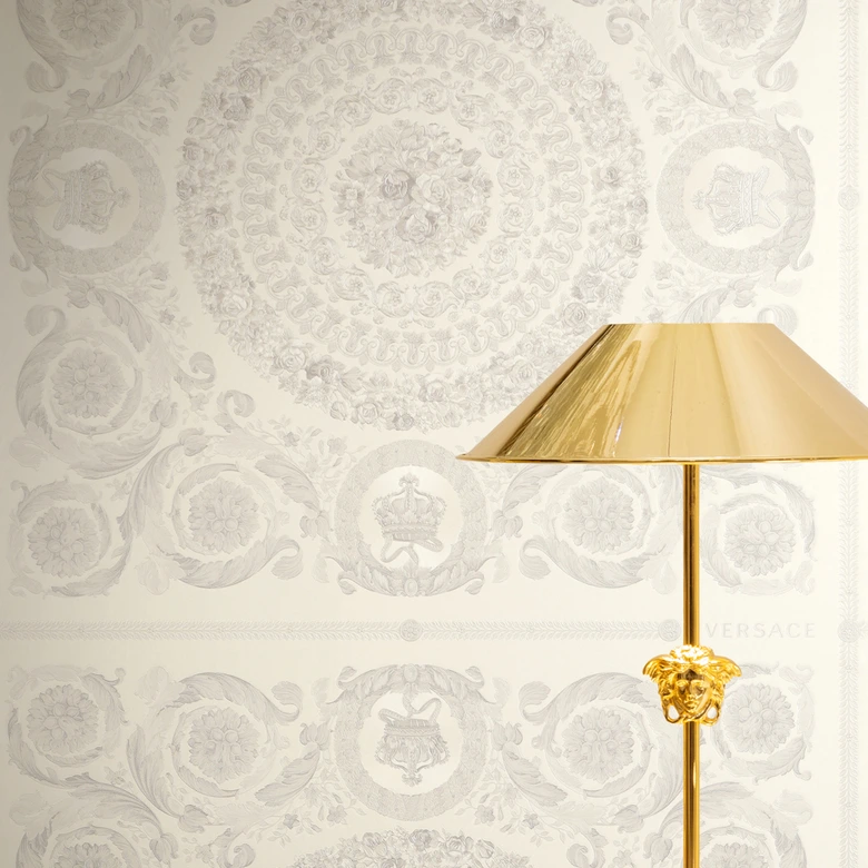 Versace non-woven wallpaper Heritage Baroque Medallion Floral White Grey luxurious elegant 