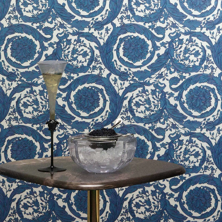 Versace non-woven wallpaper Barocco Neo classic floral tendrils blue white elegant 
