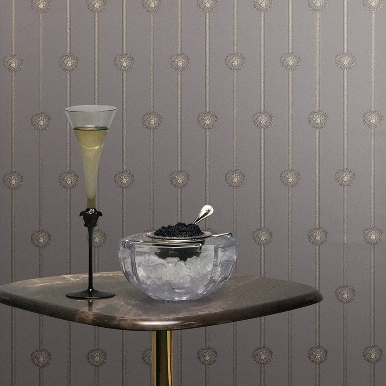Versace non-woven wallpaper I Love Baroque stripes Medusa taupe silver luxurious 