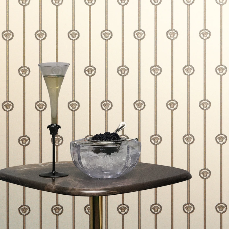 Versace non-woven wallpaper I Love Baroque stripes Medusa White Taupe luxurious 