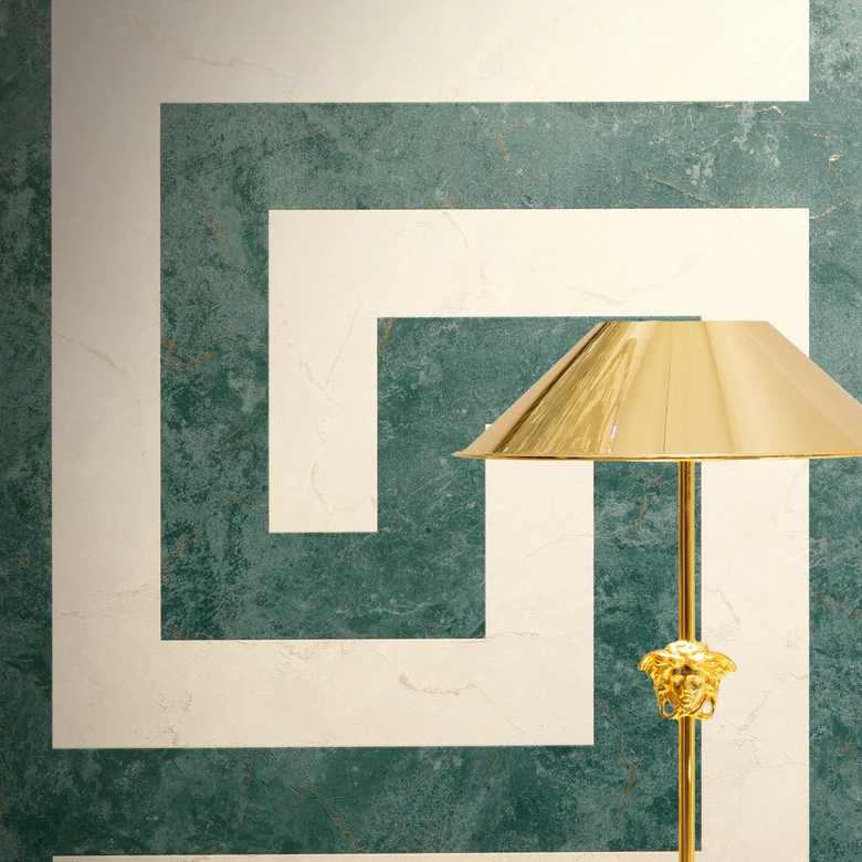 Versace non-woven wallpaper Greek meander graphic green gray marble look modern luxurious 
