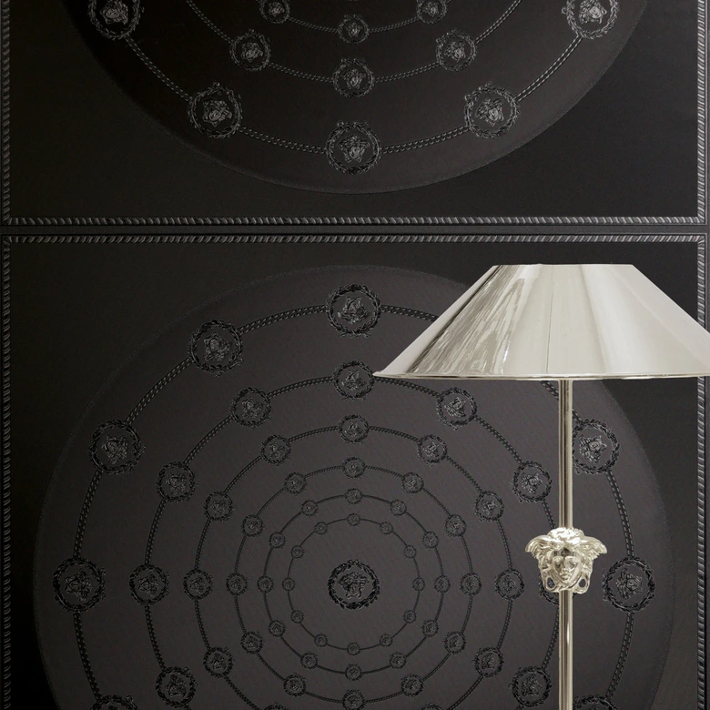 Versace ikke-vævet tapet I Love Baroque Medusa Circles Black Grey noble 