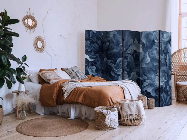 Paravent, Raumteiler freistehend, Trennwand - Abstract Ornaments - Dark Blue Victorian Leaves 