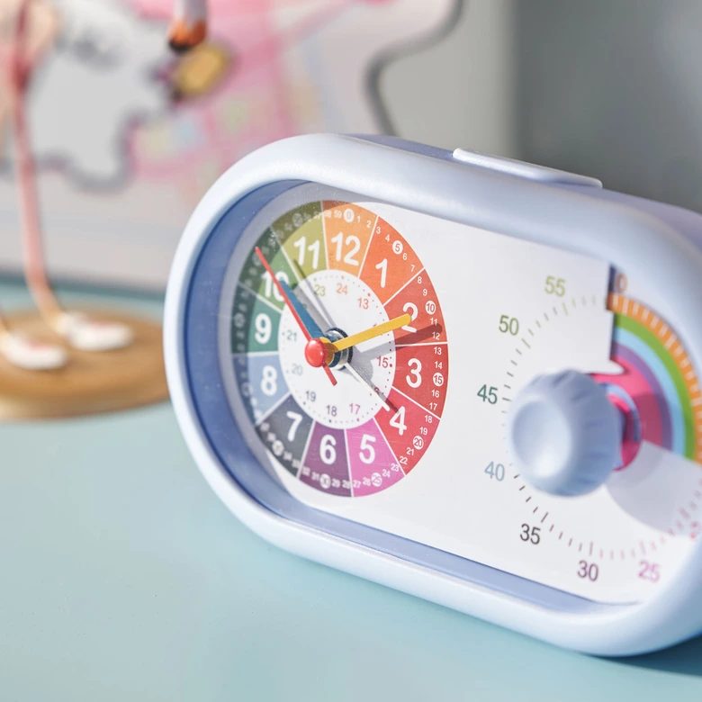 Kinderuhr Tischuhr mit Wecker und Timer-Funktion, Regenbogen blau, 16x9,5 cm 