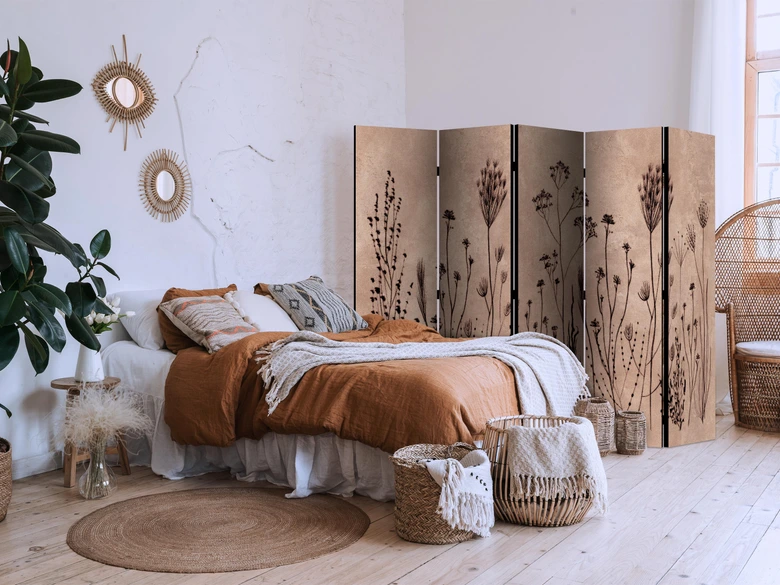 Paravent, Raumteiler freistehend, Trennwand - Plant Vintage in Lime Wash Technique 