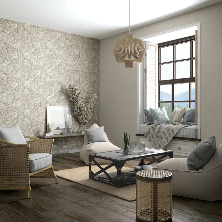 Vliestapete mit strukturiertem Blattmotiv beige Floral 