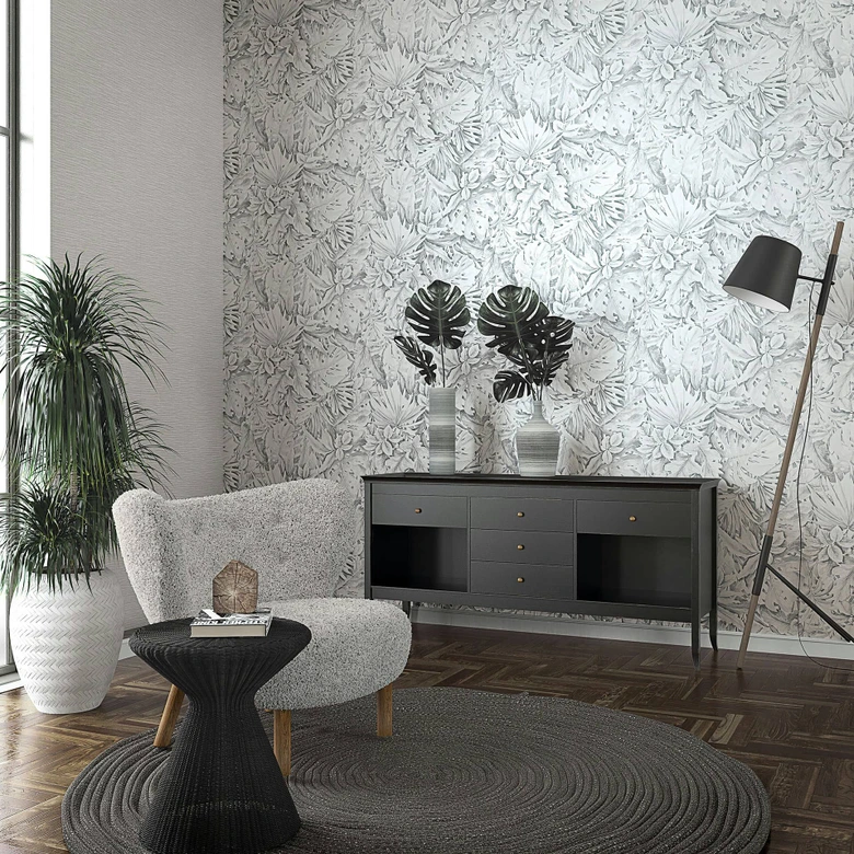 Vliestapete mit strukturiertem Blattmotiv grau Floral 