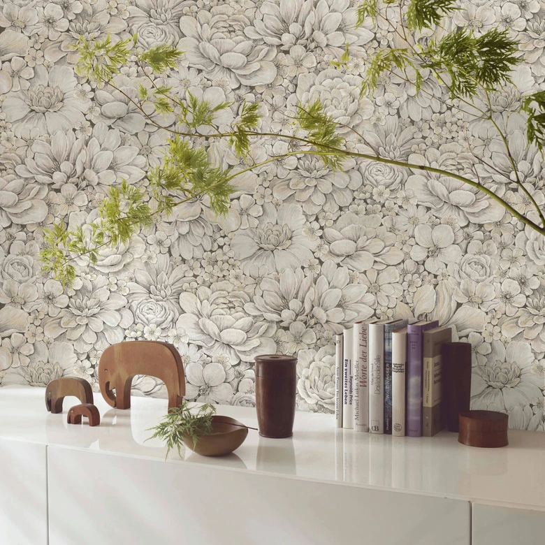 Vliestapete mit stark strukturiertem Blattmotiv greige Floral 