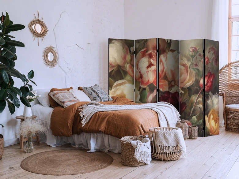 Paravent, Raumteiler freistehend, Trennwand - Blooming Peonies - Charismatic Flowers Bathed in Sunlight 